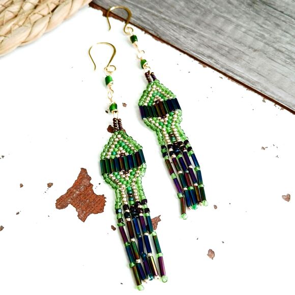 Boho Chic Beaded Cascade Fringe Dangle Earrings, Seed Bead Jewelry, 5" - Picture 9 of 9